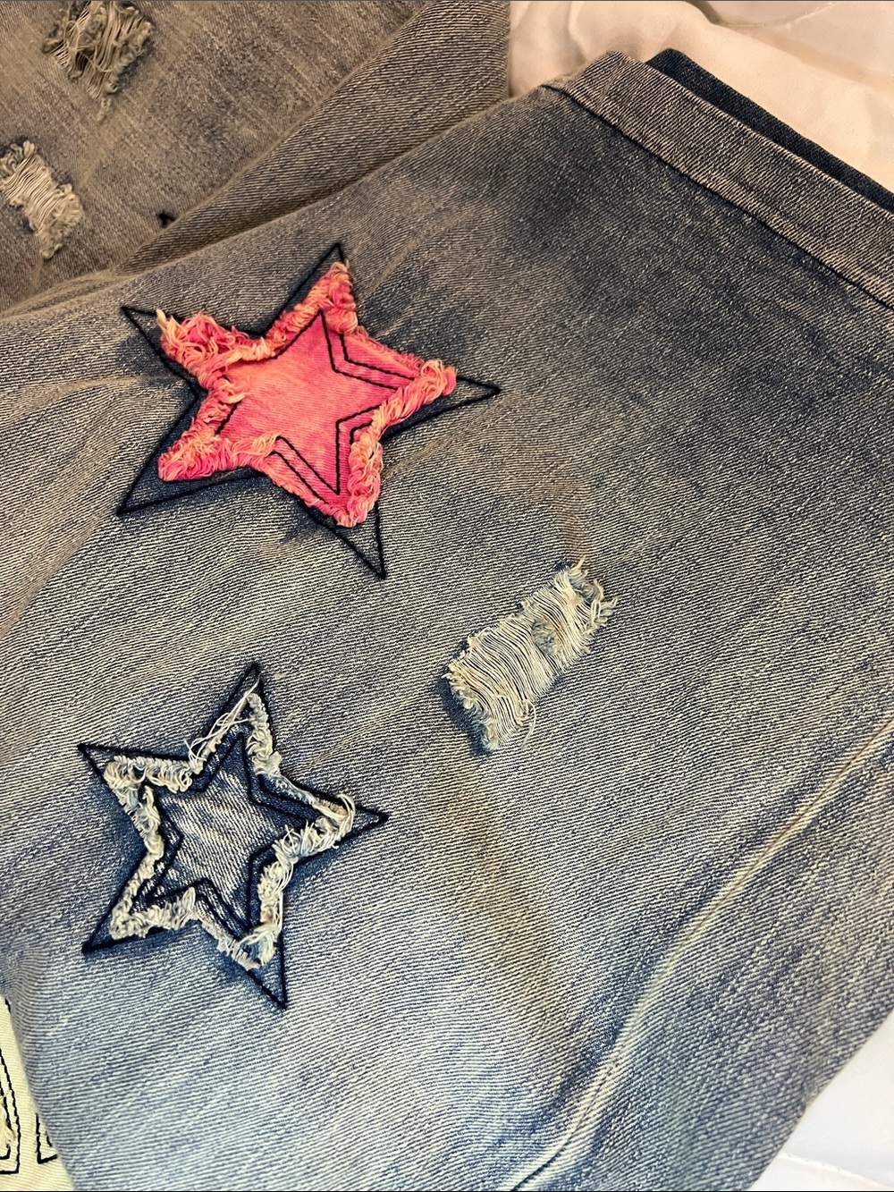 BLUE VELVET STARS and PEACE patchwork Denim Overalls wide leg oversized M L - Picture 6 of 7